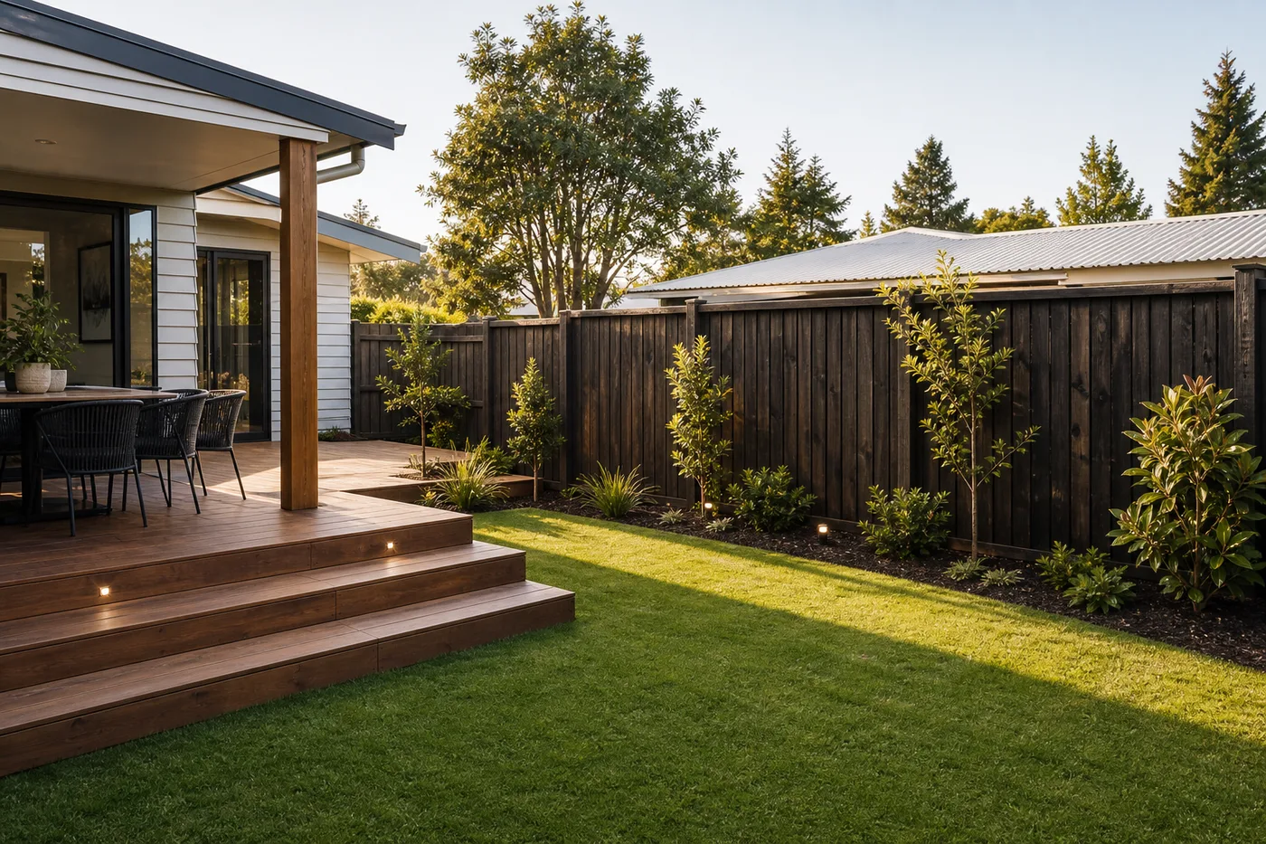 Timber deck, fence, lawn and garden landscaping