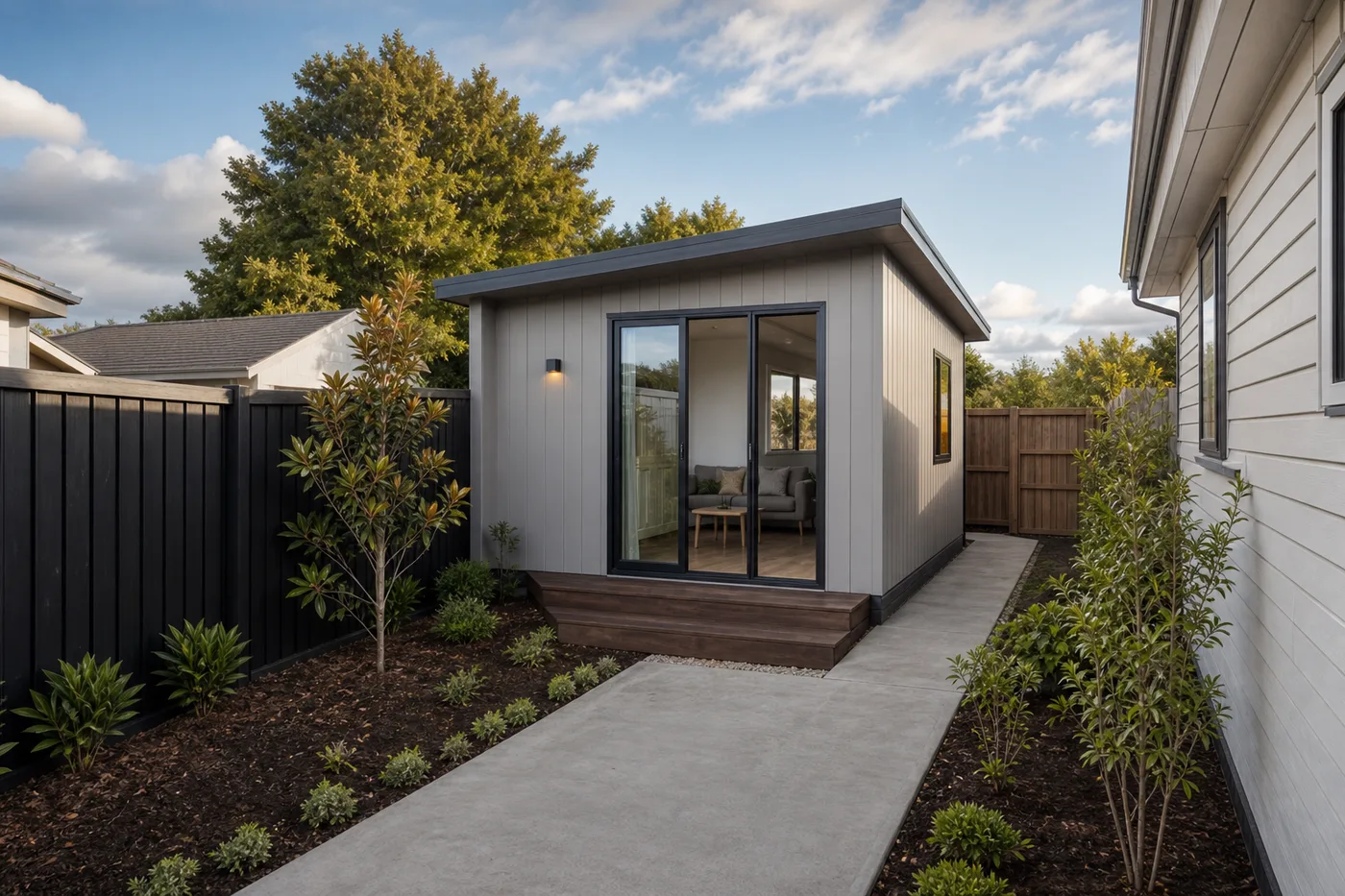 Compact New Zealand granny flat with path and landscaping