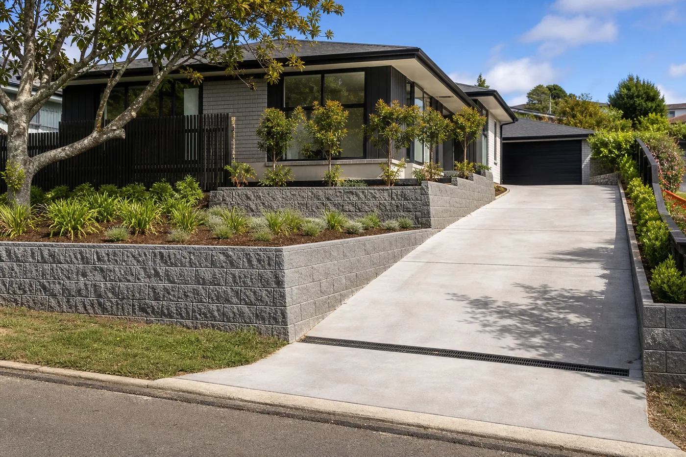 Retaining wall and concrete driveway on sloped residential site