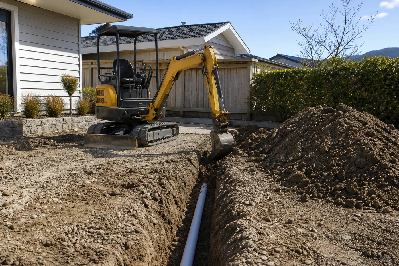 Small excavator preparing drainage trench on residential site