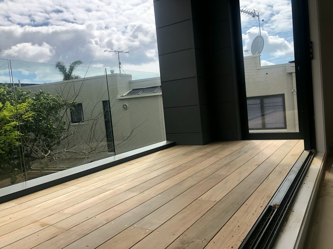 Timber balcony deck with glass balustrade