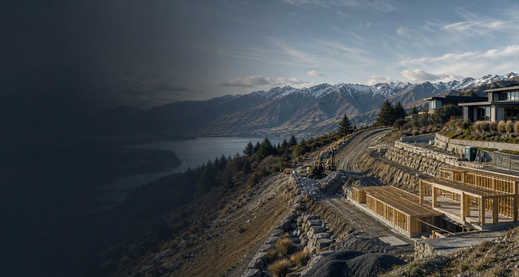 Queenstown alpine residential site with sloped earthworks, mountain views and building preparation